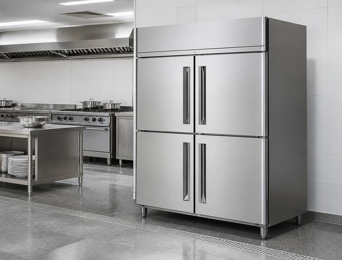 Refrigerador industrial de quatro portas em aço inox